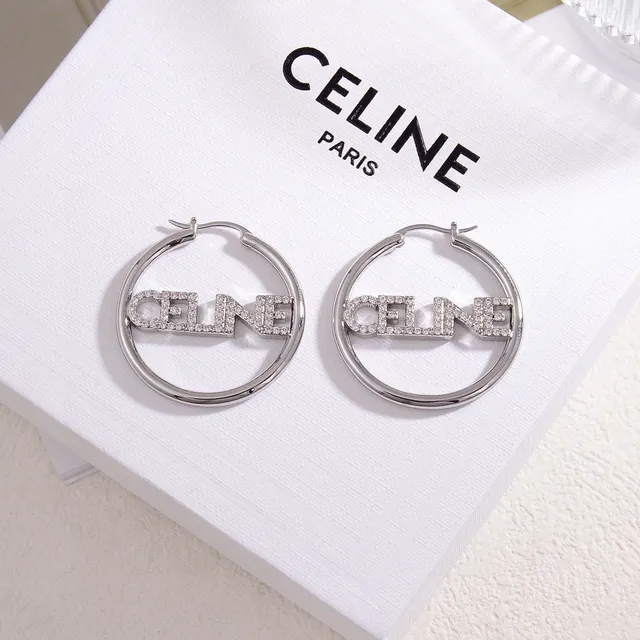 Celine Logo Hoop Silver Gold Crystal-Embellished Earrings