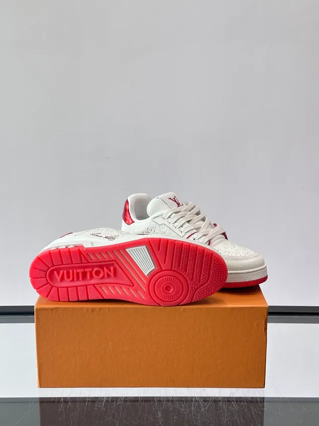 Louis Vuitton LV Trainer White Red Textured Grain Leather Perforated Detailing Lifestyle Sneakers