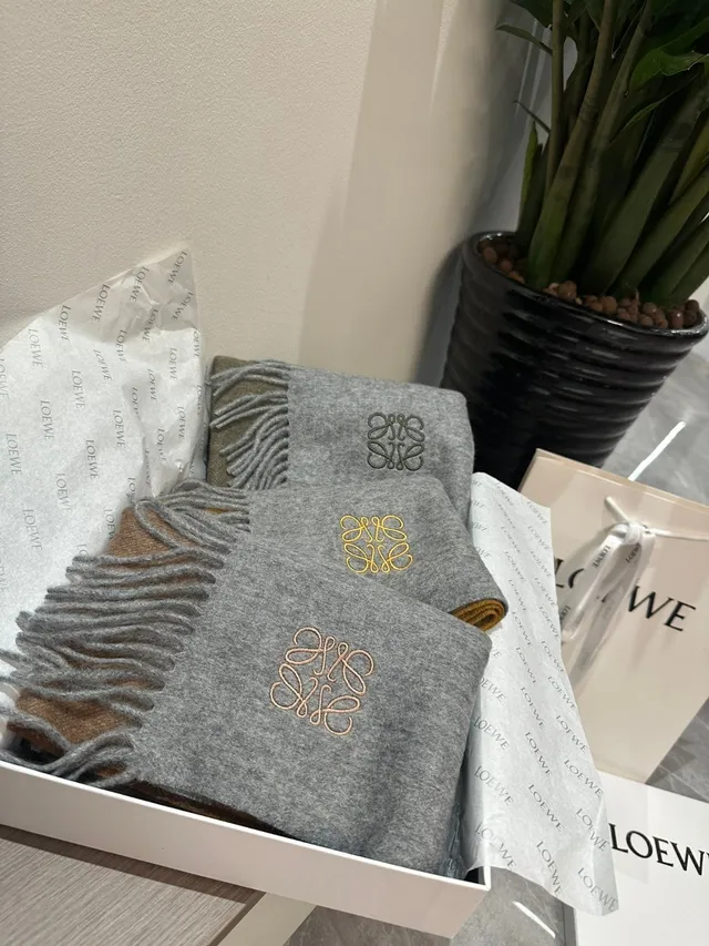 Loewe Anagram Embroidered Gray Cashmere Scarf