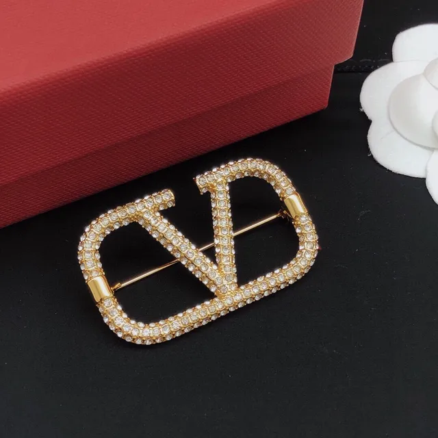 Valentino Gold Black Pavé-Crystal VLOGO Monogram Brooch