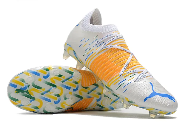 Puma Future Z White Multicolor Sock-Fit Collar Textured Orange Cage Firm-Ground Soccer Shoes