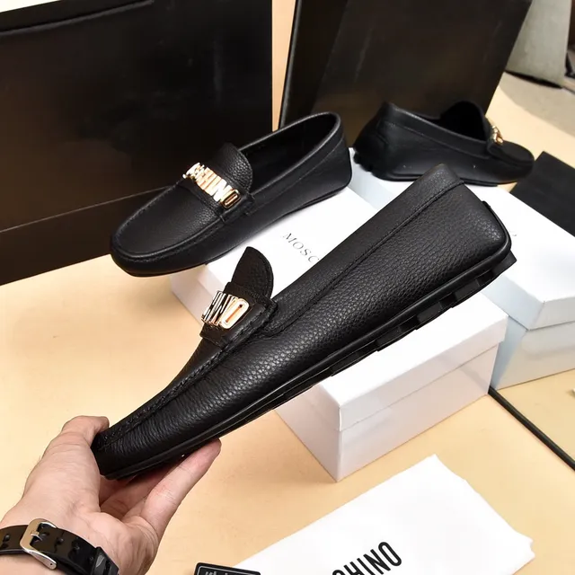 Moschino Logo-Bar Black Gold Pebbled Leather Hardware Loafer
