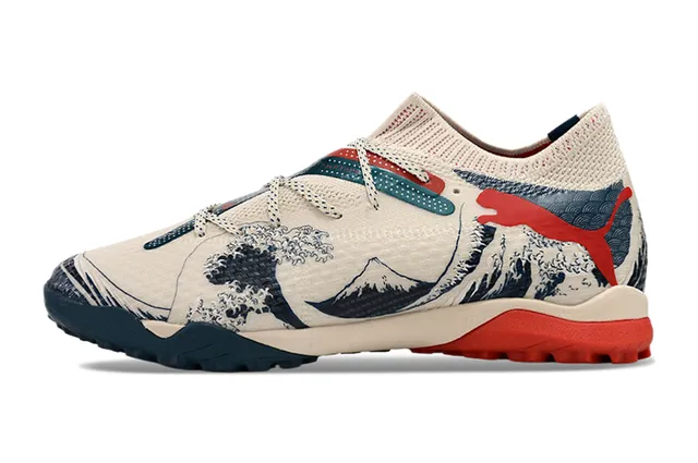 Puma Beige Navy Knit Upper Wave-and-Mountain Graphic Print Sneakers