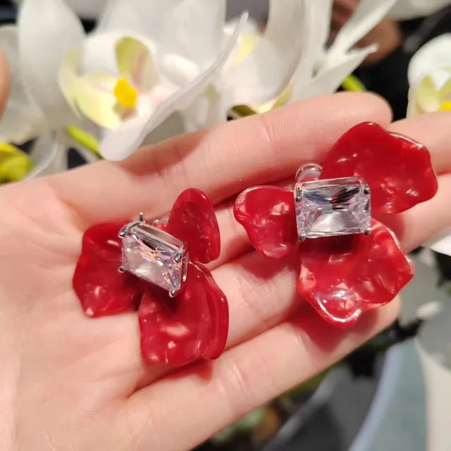 Alexander Wang Red Transparent Floral Motif Glossy Resin Petals Earrings