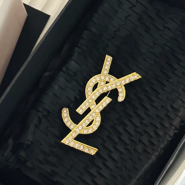 Saint Laurent YSL Monogram Crystal-Embellished Gold-Tone Brooch
