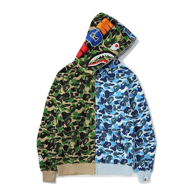 A Bathing Ape Shark Hoodie Split-Color Camo Zip-Up Jacket