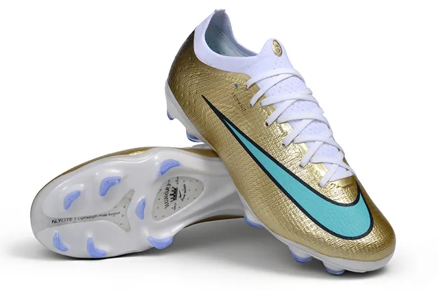 Nike Gold Blue Metallic Knit Upper Turquoise Swoosh Accent Firm-Ground Soccer Shoes
