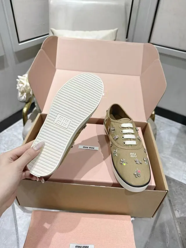 Miu Miu Beige White Embellished Crystal-Floral Sneakers
