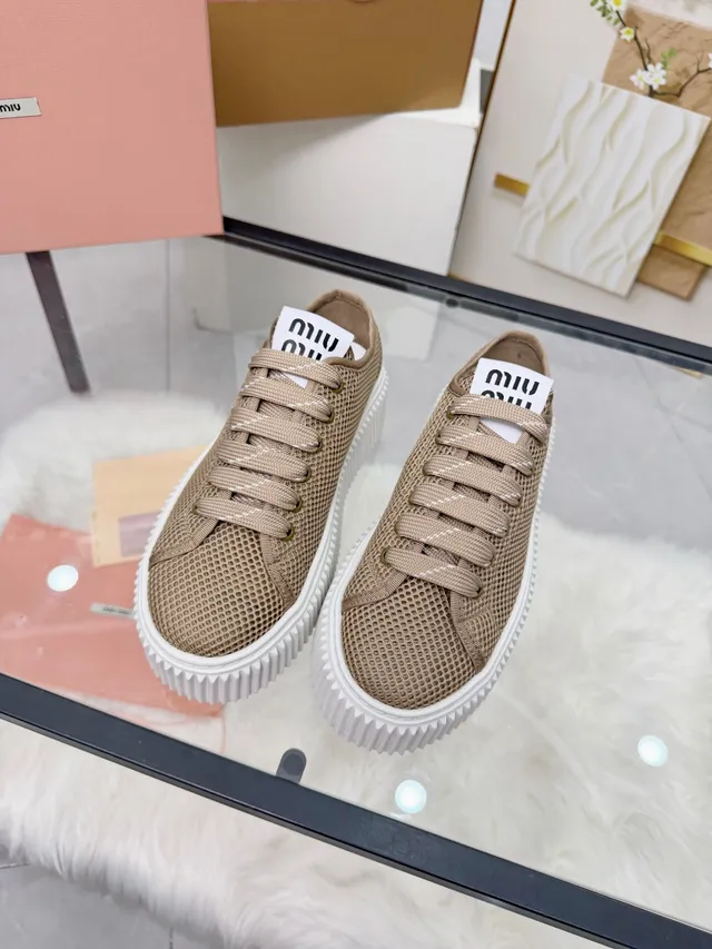Miu Miu Platform Sneakers Beige White Mesh Upper Ridged Sole Lifestyle Sneakers