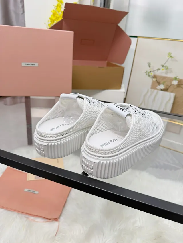 Miu Miu Platform Sneaker White Black Mesh Upper Ridged Sole Lifestyle Sneakers