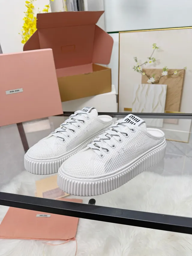 Miu Miu Platform Sneaker White Black Mesh Upper Ridged Sole Lifestyle Sneakers