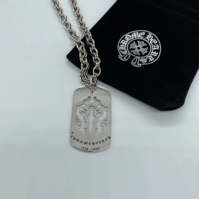 Chrome Hearts Dog Tag Necklace Silver Silhouette Cutout Cross-and-Sword Motif Necklace
