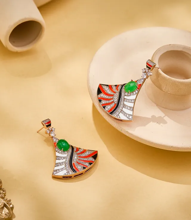 Gold Multicolor Fan-Shaped Enamel Inlay Earrings