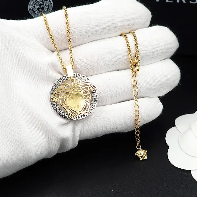 Versace Medusa Gold Silver Openwork Head Greek Key Border Necklace
