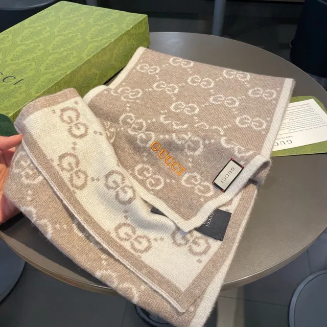 Gucci GG Monogram Knitted Beige and Taupe Cashmere Scarf