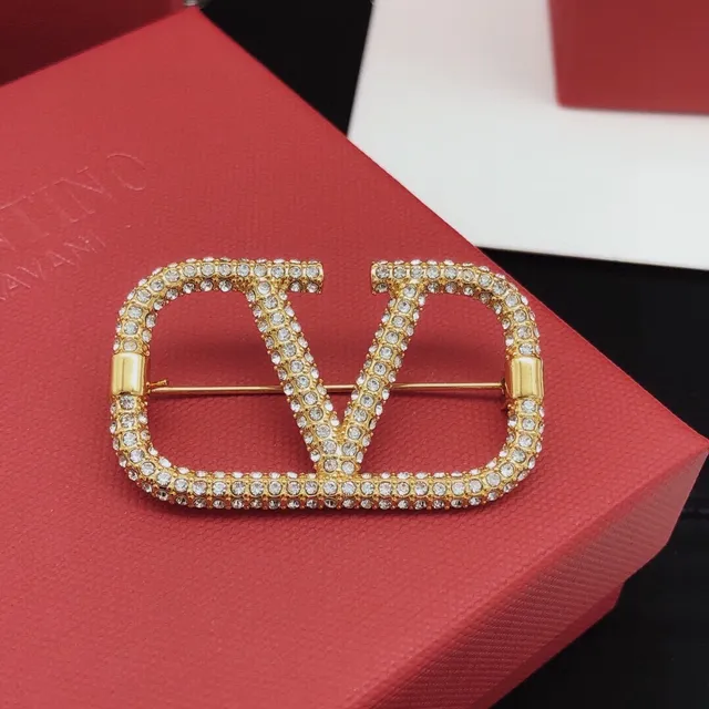 Valentino Gold Black Pavé-Crystal VLOGO Monogram Brooch