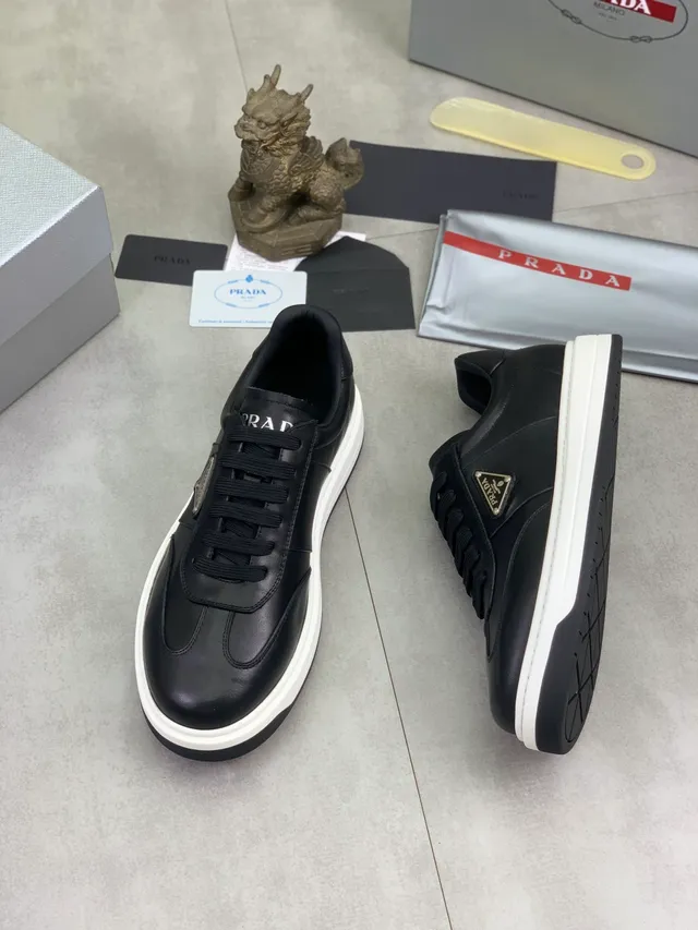 Prada Black White Leather Upper Triangular Logo Plaque Lifestyle Sneakers