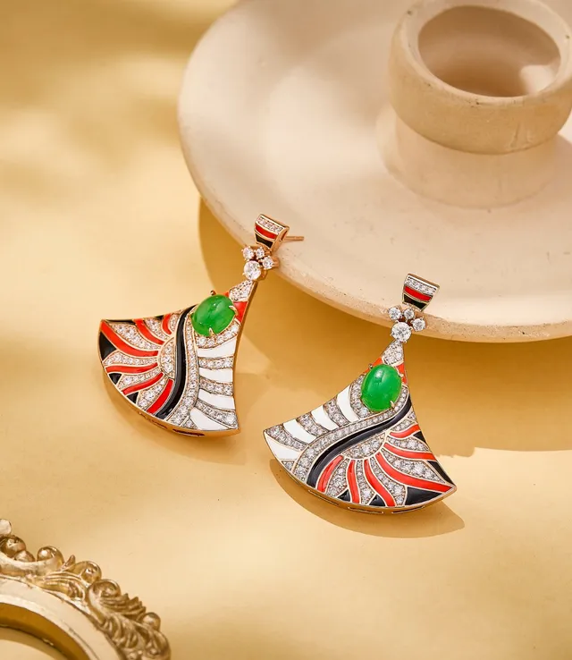 Gold Multicolor Fan-Shaped Enamel Inlay Earrings