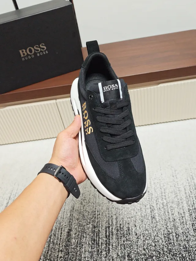 Hugo Boss Black White Suede And Mesh Upper Gold Metallic Logo Sneakers