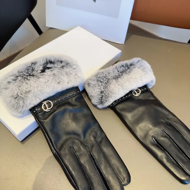Black Gray Faux Fur Cuff Leather Gloves