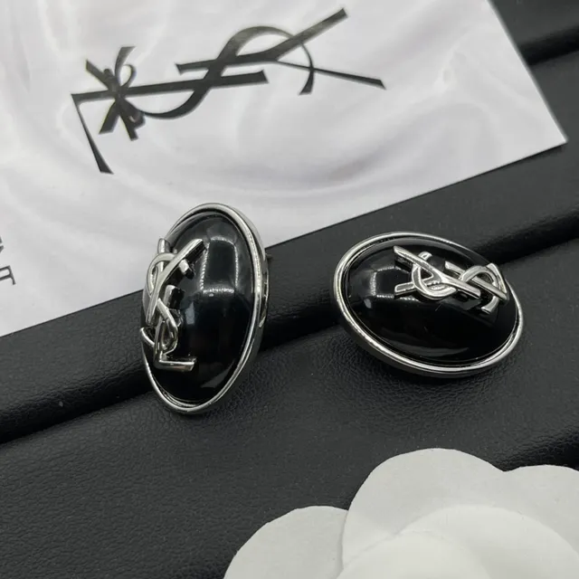 Saint Laurent YSL Monogram Oval Black Enamel Earrings