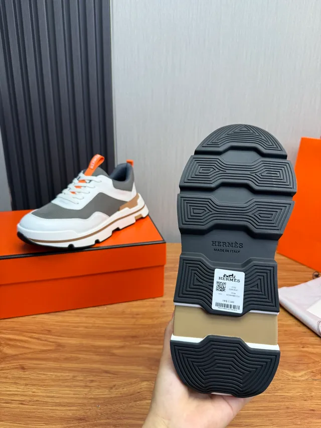 Hermès White Gray Chunky Sole Mixed Leather-Mesh Upper Sneakers