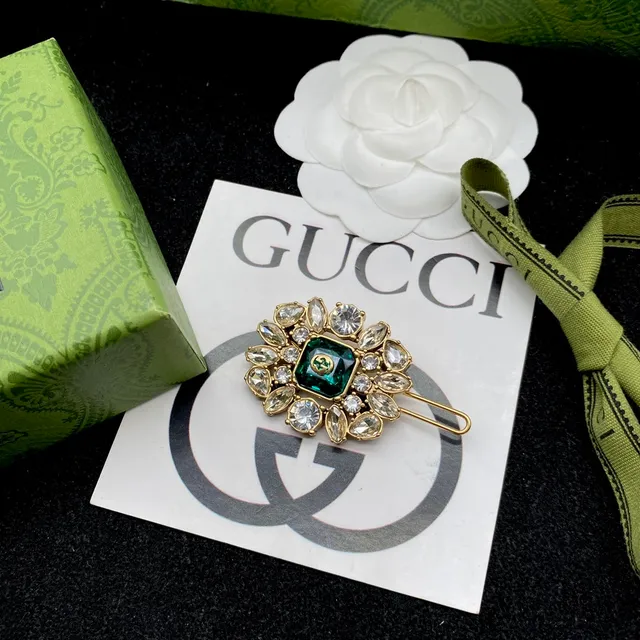 Gucci White Green Camellia-Shaped Crystal-Embellished Brooch