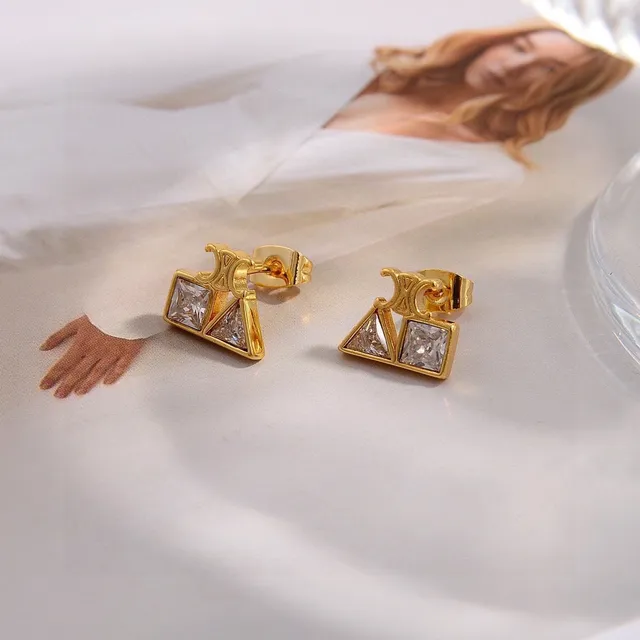 Celine Triomphe Geometric Crystal Gold-Tone Stud Earrings