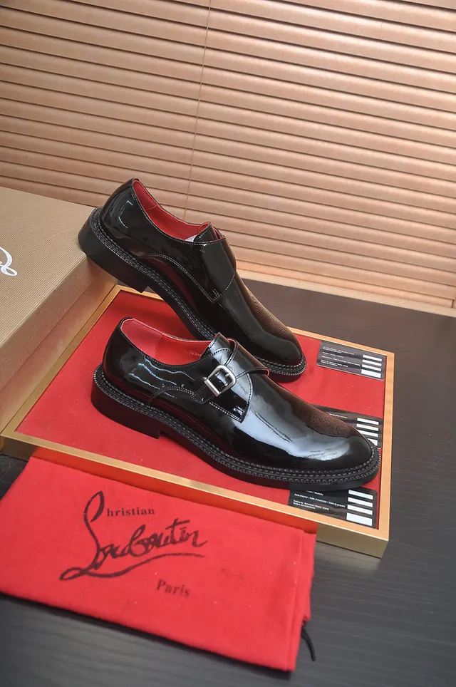 Christian Louboutin Black Red Glossy Patent Leather Single Strap Monk Shoes
