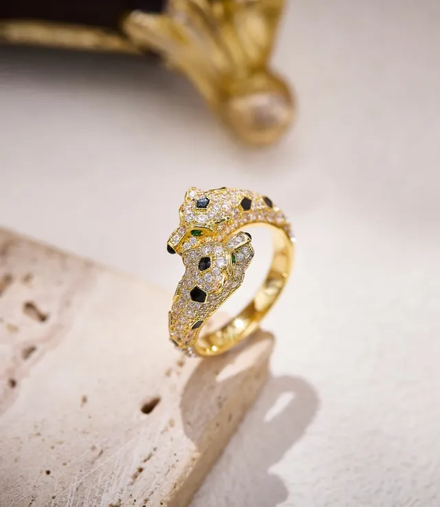 Cartier Panthère Double Panther Head Pavé Diamond Onyx Emerald Ring