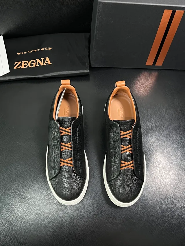 Zegna Black Pebbled Leather Slip-On Lifestyle Sneakers