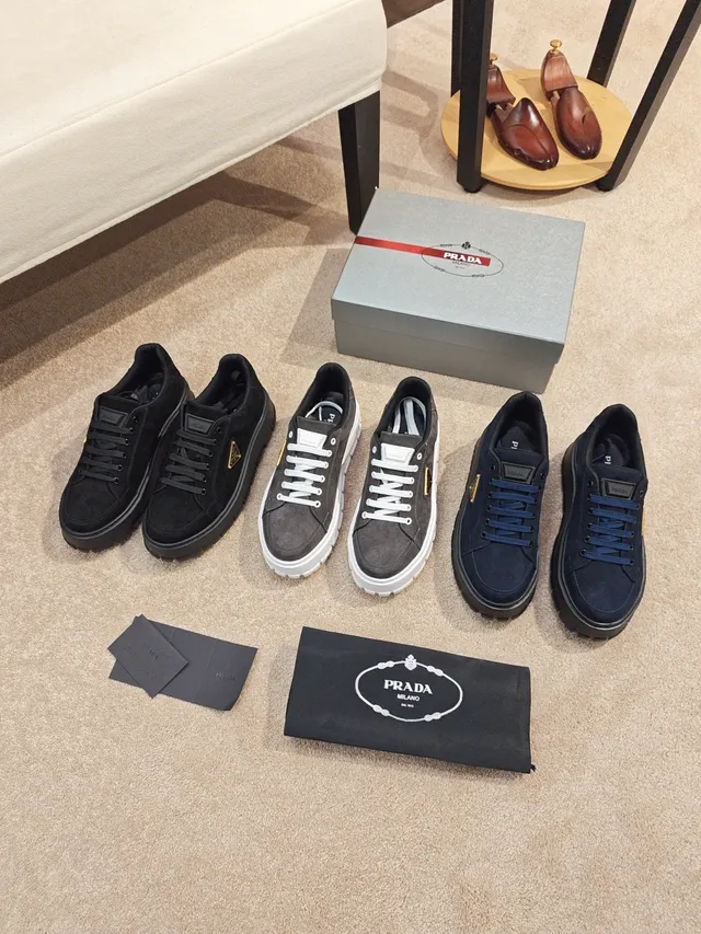 Prada Black Gold Suede Upper Platform Sole Lifestyle Sneakers