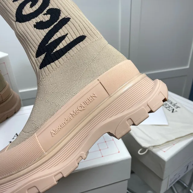 Alexander McQueen Tread Slick Beige Knit Logo Knee Boots