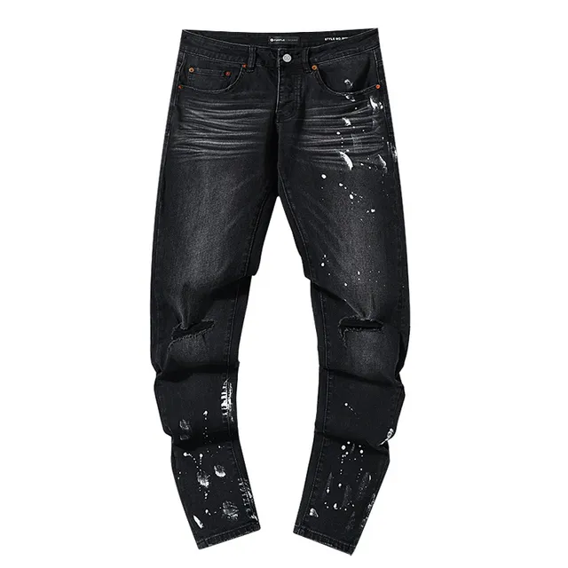Purple Brand Distressed Paint-Splattered Black Denim Jeans