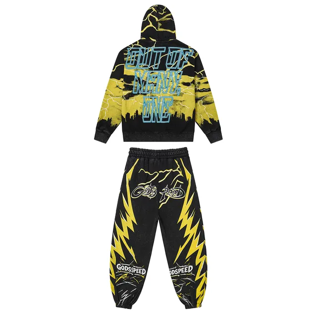 Godspeed Black Yellow Graphic-Print Lightning Motif Tracksuit