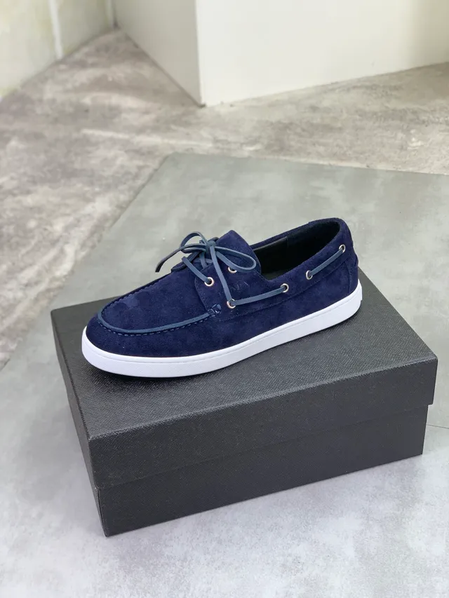 Prada Navy White Suede Moc-Toe Construction Boat Shoes