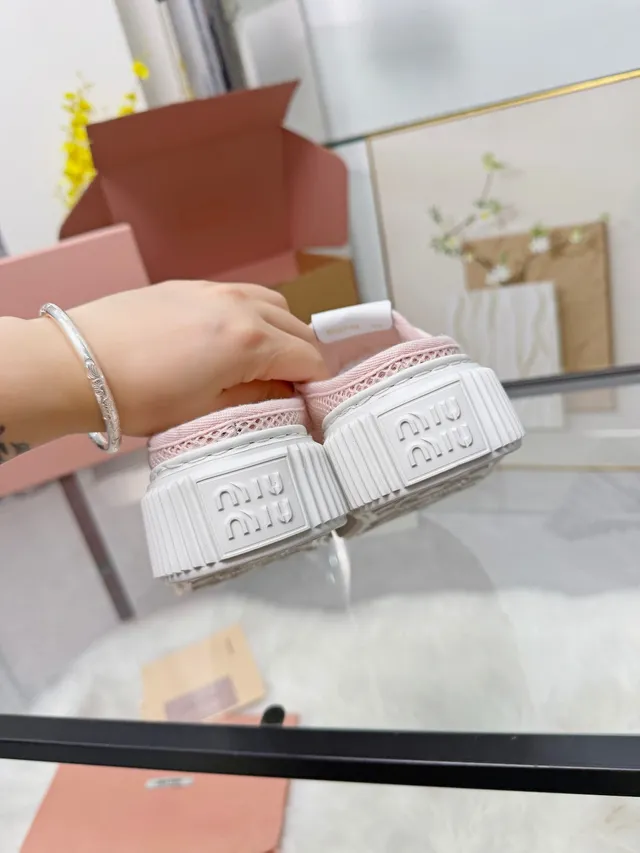 Miu Miu Platform Sneaker Pink White Mesh Upper Ridged Sole Lifestyle Sneakers