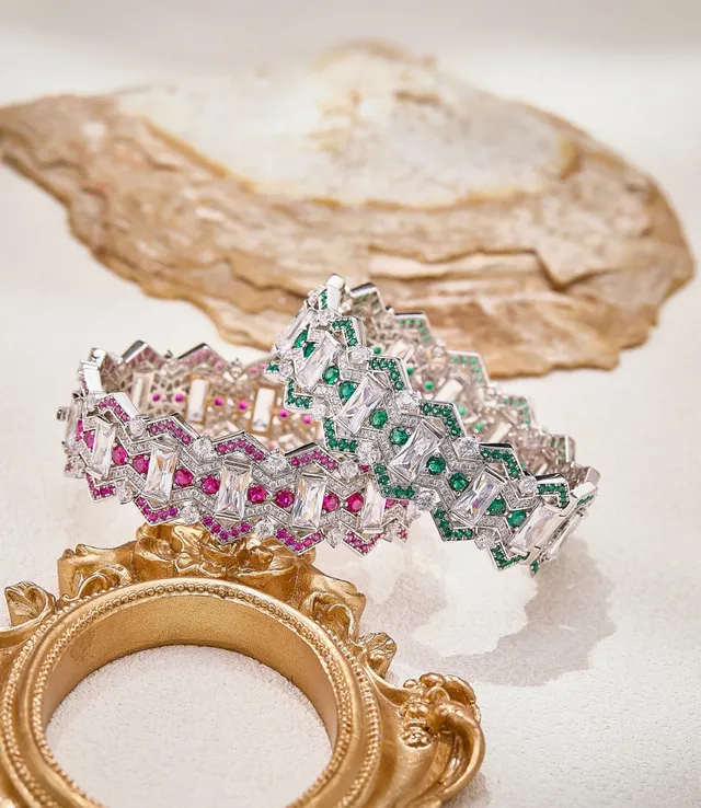 Geometric Pavé-Set Pink and Clear Stone Silver-Tone Bangle Bracelet