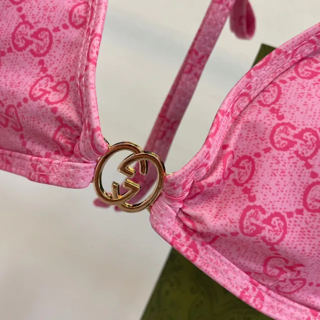 Gucci Pink Halter Triangle All-Over GG Monogram Swimwear