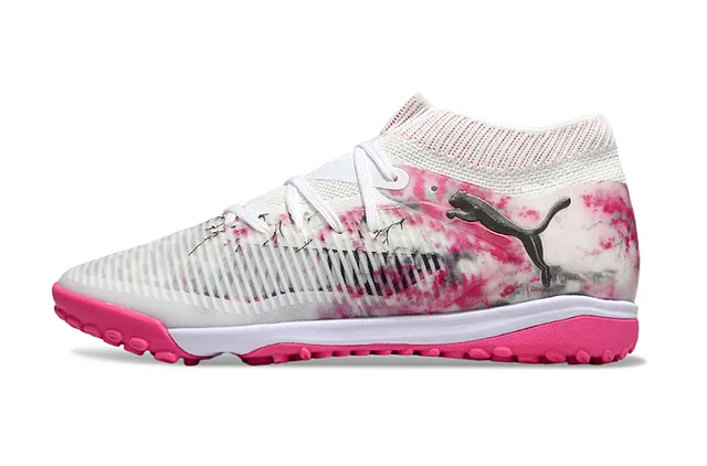 Puma White Pink Knit Sock-Fit Collar Tie-Dye Print Upper Turf Soccer Shoes