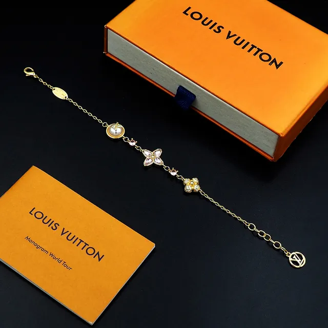 Louis Vuitton Gold-Tone Pearl and Pink Crystal Floral Charm Bracelet