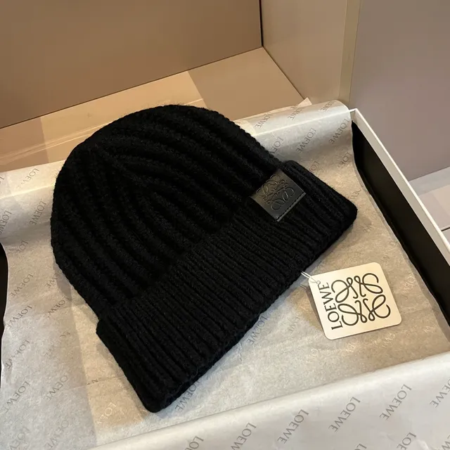 Loewe Anagram Patch Ribbed Knit Black Beanie