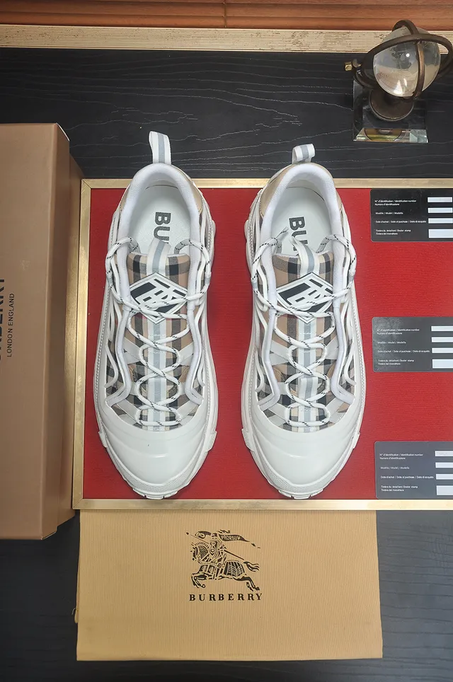 Burberry White Beige Sole Check-Pattern Upper Chunky Sneakers
