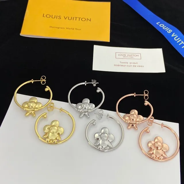 Louis Vuitton Silver Hoop 3D Floral Motif Earrings