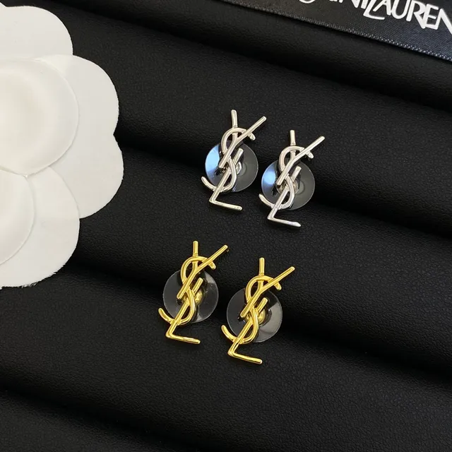 Saint Laurent Monogram Silver Gold Interlocking YSL Stud Style Earrings