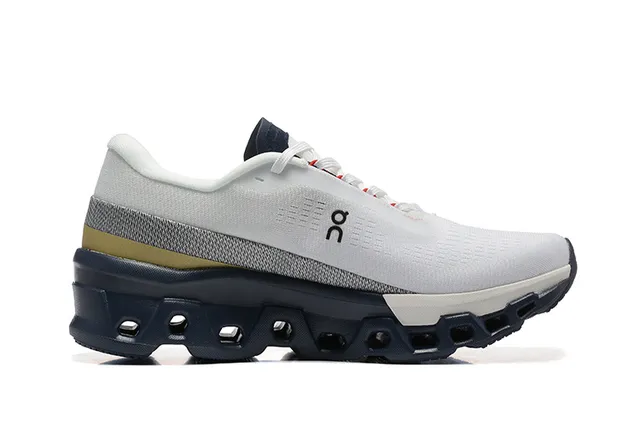 On Cloudmonster White Navy Gold Running Shoes