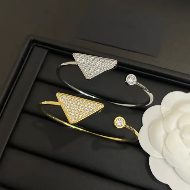 Prada Triangle Logo Bracelet Silver Gold Triangular Charm Pavé Crystal Bracelet
