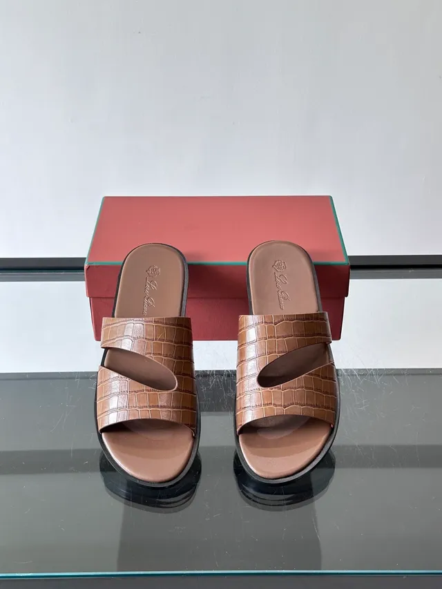 Loro Piana Croc-Embossed Two-Strap Slide Casual Sandals