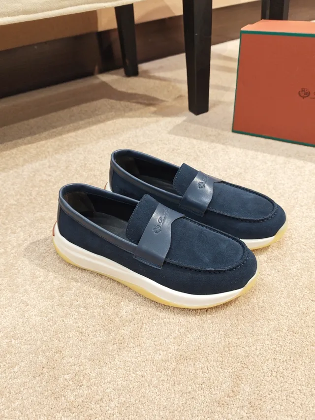 Navy White Suede Upper Leather Strap Detail Loafer