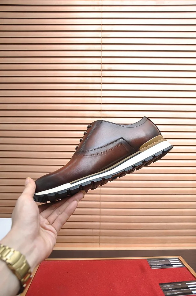 Berluti Brown White Polished Leather Embossed Crest Logo Derby Shoes